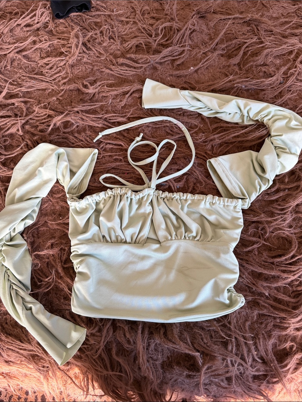 Sage Green Ruched Off-Shoulder Crop Top with Tie Straps